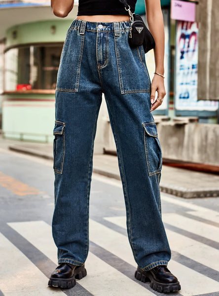 RETRO ELASTIC WAIST DENIM CASUAL PANTS