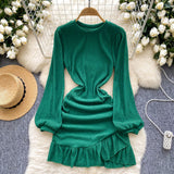 Elegant Ruffled Red Long-Sleeve Mini Dress