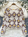 Earth-Toned Squares Open-Knit Crochet Blouse