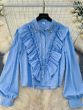 Long Sleeve Pink Striped Ruffle Blouse