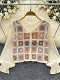 Colorful Square Billowing Sleeve Crochet Blouse