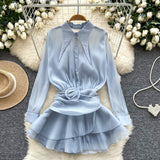 Statement Collar Ruffled Hem Yellow Blouse