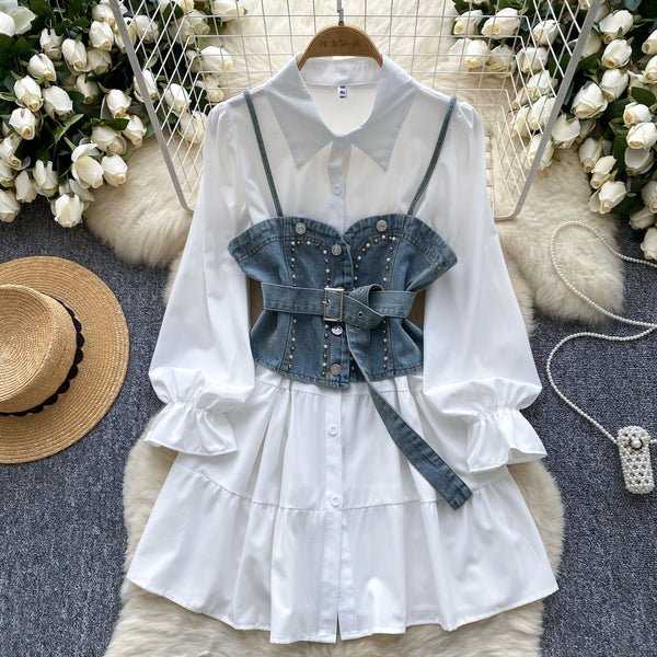 chinese dress ladies Denim Corset Layered White Shirt Dress – Ncocon