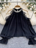 Pearl Embellished Collar Bow Sleeves White Gauze Dress