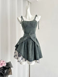 Cute Bows Belt Retro Dark Denim Dress