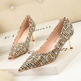 CHECKED HIGH-HEELED POINTED SHOES