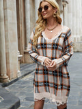 FASHION V-NECK LONG SLEEVE PULLOVER PLAID LONG SWEATER