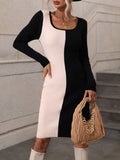 STYLISH PULLOVER KNITTED SOLID COLOR MATCHING SWEATER DRESS