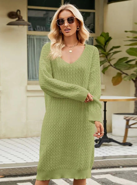 FASHION LOOSE SOLID COLOR KNITTED SWEATER DRESS