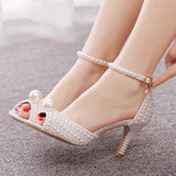 PEARL FISH MOUTH HIGH-HEELED SANDALS WEDDING SHOES