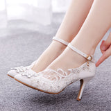 THIN-HEELED POINTED WHITE LACE DIAMOND WEDDING SHOES