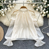 Pearl Embellished Collar Bow Sleeves White Gauze Dress
