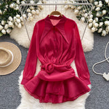 Statement Collar Ruffled Hem Yellow Blouse