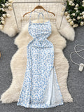 Halter Alluring Side Slit Blue Floral Dress