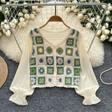 Colorful Square Billowing Sleeve Crochet Blouse