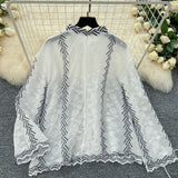 Long Sleeve Embroidery White Lace Blouse