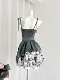 Cute Bows Belt Retro Dark Denim Dress