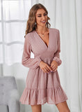 Women Casual V Neck Lantern Sleeve Dress