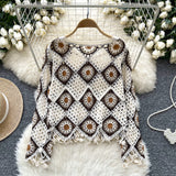 Earth-Toned Squares Open-Knit Crochet Blouse