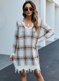 FASHION V-NECK LONG SLEEVE PULLOVER PLAID LONG SWEATER