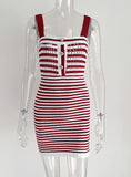 CLASSY BUTTON OPENWORK STRIPED SUSPENDER SWEATER DRESS