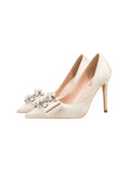SATIN POINTED PEARL BOW HIGH HEELS