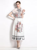 PRINTED LAPEL SHIRT+PLEATED SKIRT TWO-PIECE SUIT