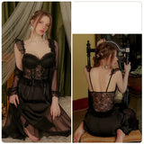 SEXY LACE BACKLESS SUSPENDERS NIGHTDRESS WITH CHEST PAD
