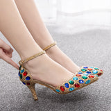 THIN-HEELED COLORED RHINESTONE HIGH-HEELED SANDALS