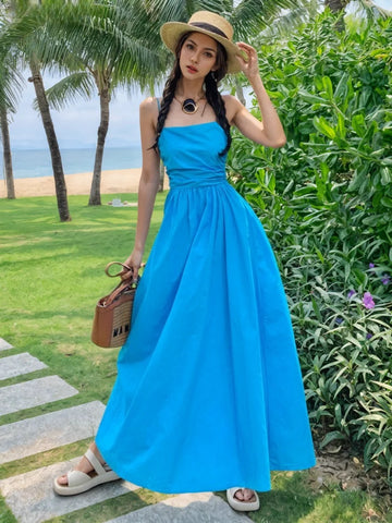 Spaghetti Straps Bright Blue Vacation Dress