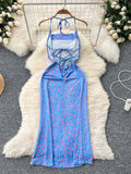 Halter Alluring Side Slit Blue Floral Dress