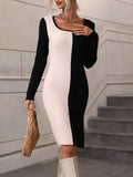 STYLISH PULLOVER KNITTED SOLID COLOR MATCHING SWEATER DRESS