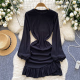 Elegant Ruffled Red Long-Sleeve Mini Dress