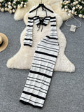 Long Sleeves Maxi Skirt Halter Striped Knit Set
