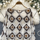 Earth-Toned Squares Open-Knit Crochet Blouse