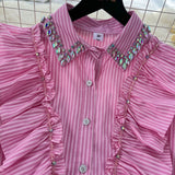 Long Sleeve Pink Striped Ruffle Blouse