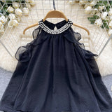 Pearl Embellished Collar Bow Sleeves White Gauze Dress