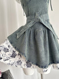 Cute Bows Belt Retro Dark Denim Dress
