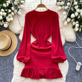 Elegant Ruffled Red Long-Sleeve Mini Dress