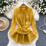 Statement Collar Ruffled Hem Yellow Blouse
