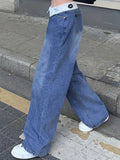 Blue Flipped Waist Design Loose Fit Straight Jeans