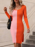 STYLISH PULLOVER KNITTED SOLID COLOR MATCHING SWEATER DRESS