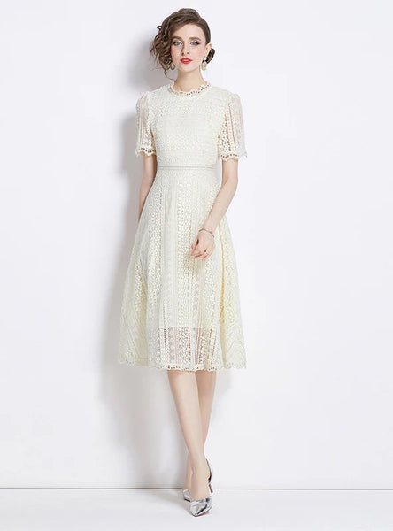 SHORT-SLEEVED SILM WAIST LACE DRESS