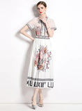 PRINTED LAPEL SHIRT+PLEATED SKIRT TWO-PIECE SUIT
