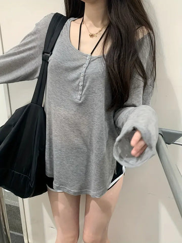 Single-breasted Scoop Gray Cover Up T-shirt Top