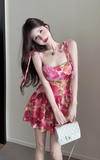 Charming Pink Floral Sling Mini Dress with Tie - up Straps