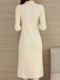 Causal Ribbed Mock Neck Long Sleeve Midi Dress