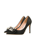 SATIN POINTED PEARL BOW HIGH HEELS