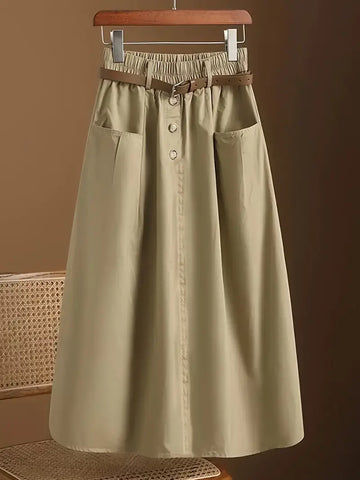 Khaki Versatile Elastic Waist Button Decor Pockets Skirt