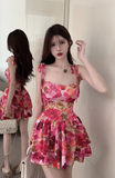 Charming Pink Floral Sling Mini Dress with Tie - up Straps